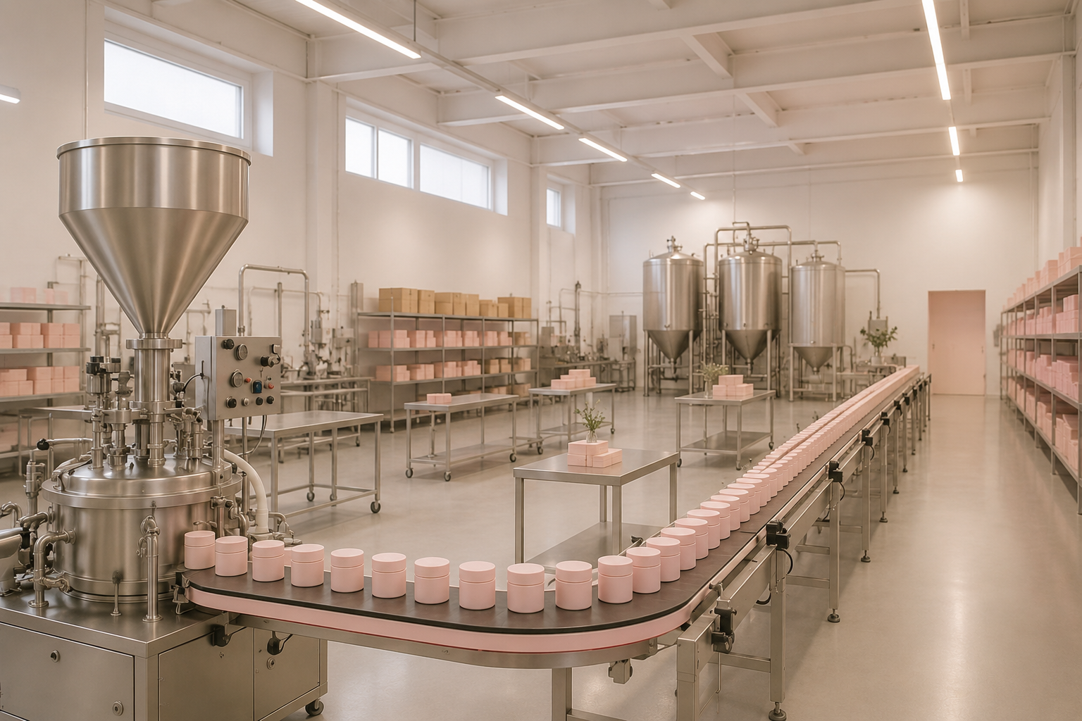 Cosmetic manufacturing facility with product production line
