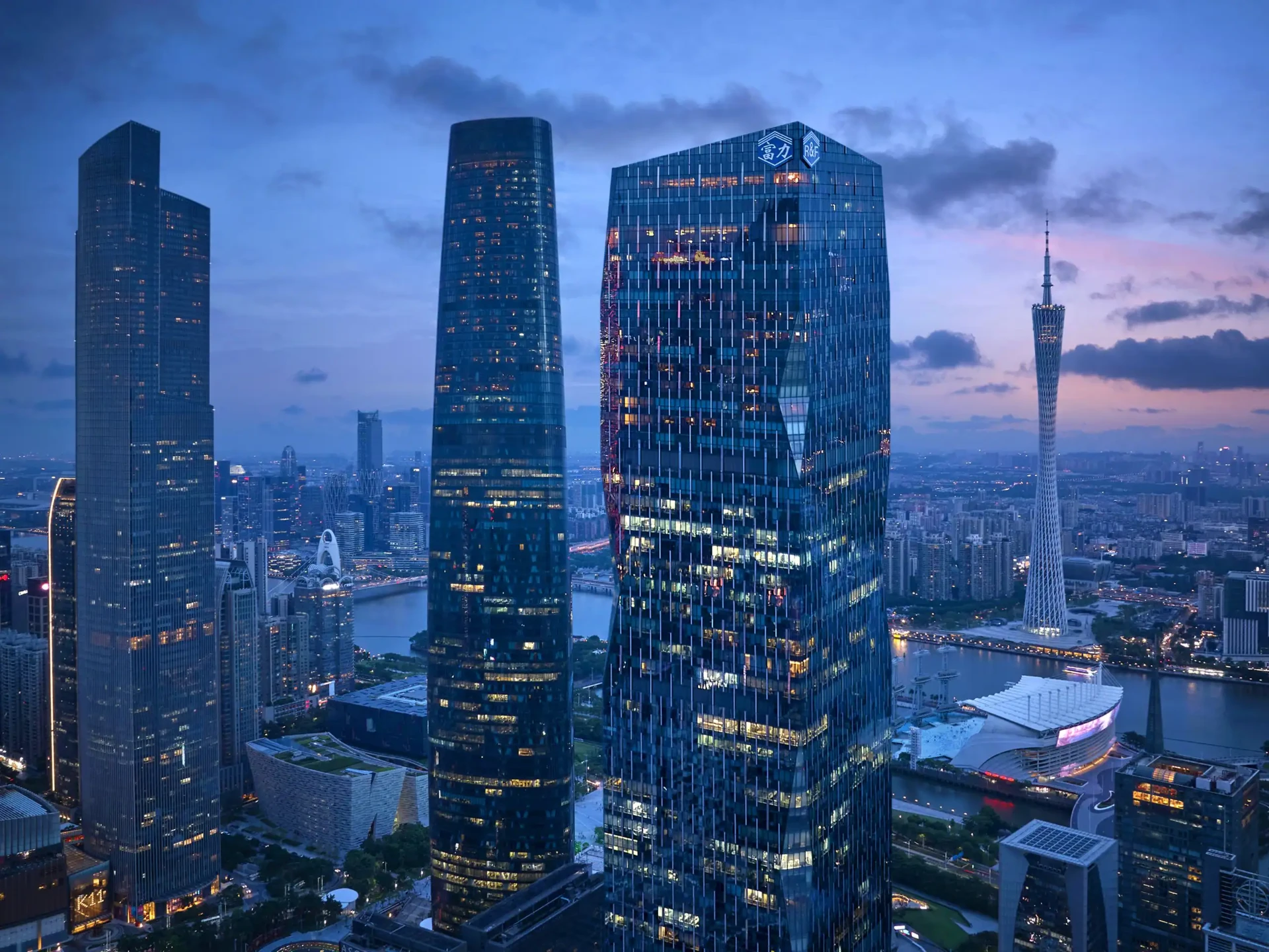 Park Hyatt Guangzhou above the city skyline with Canton Tower in view