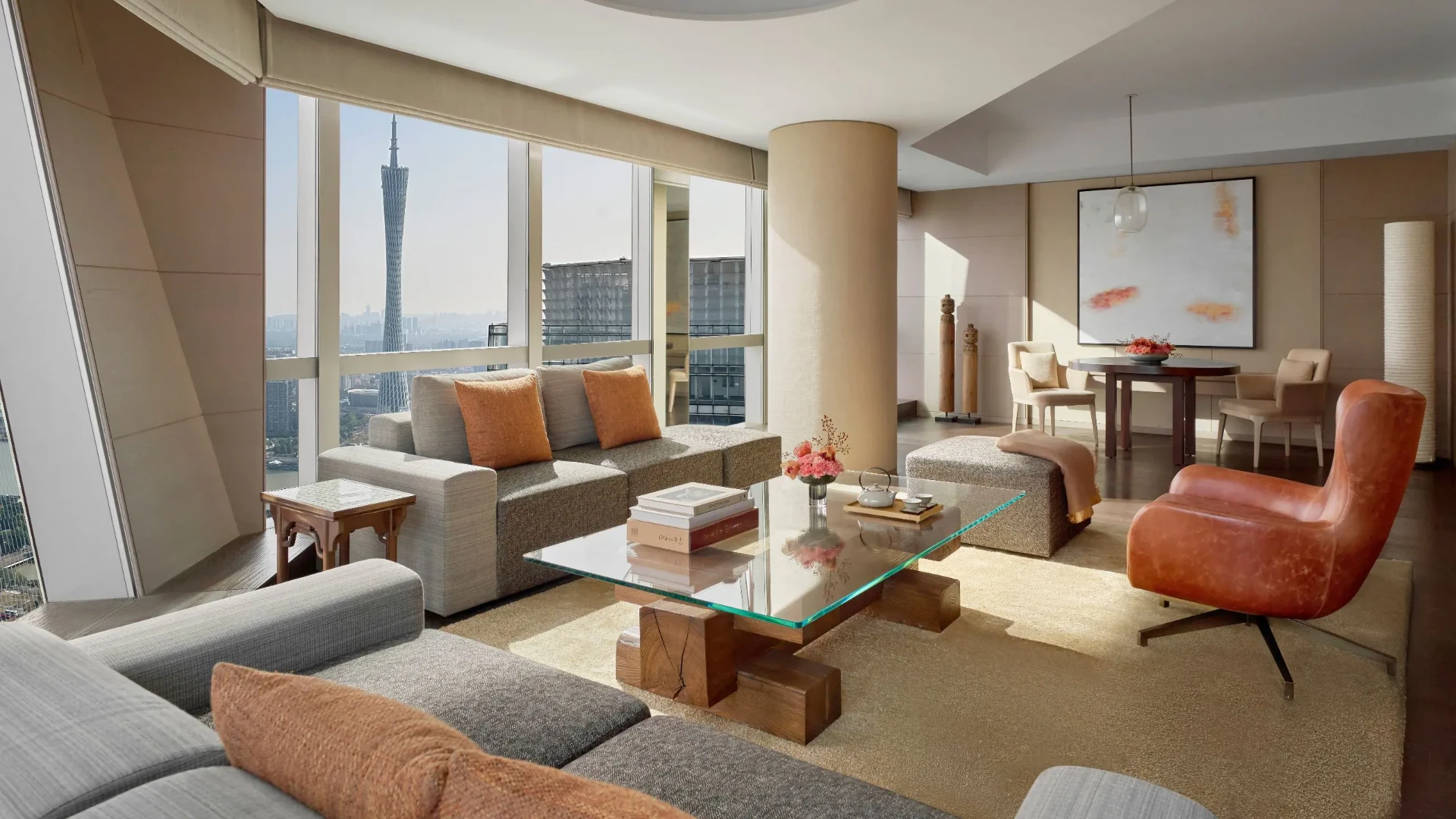 Tower View Deluxe Suite living room at Park Hyatt Guangzhou overlooking Canton Tower