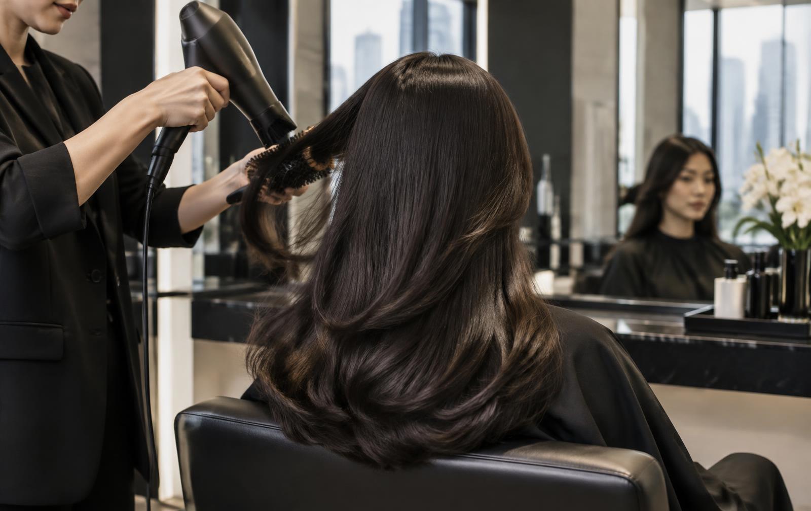 A glossy professional blow-dry in a refined contemporary salon, illustrating the Guangzhou Hair Edit