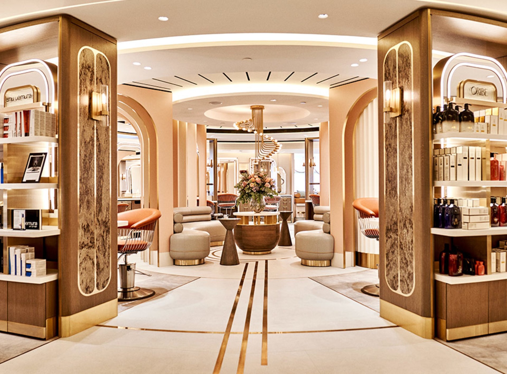 The Harrods Hair and Beauty Salon interior — arched alcoves and soft lighting